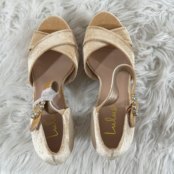 LULUS Crushest Champagne Velvet Rhinestone Ankle Strap Chunky Heels Size 10 NEW - Picture 8 of 16